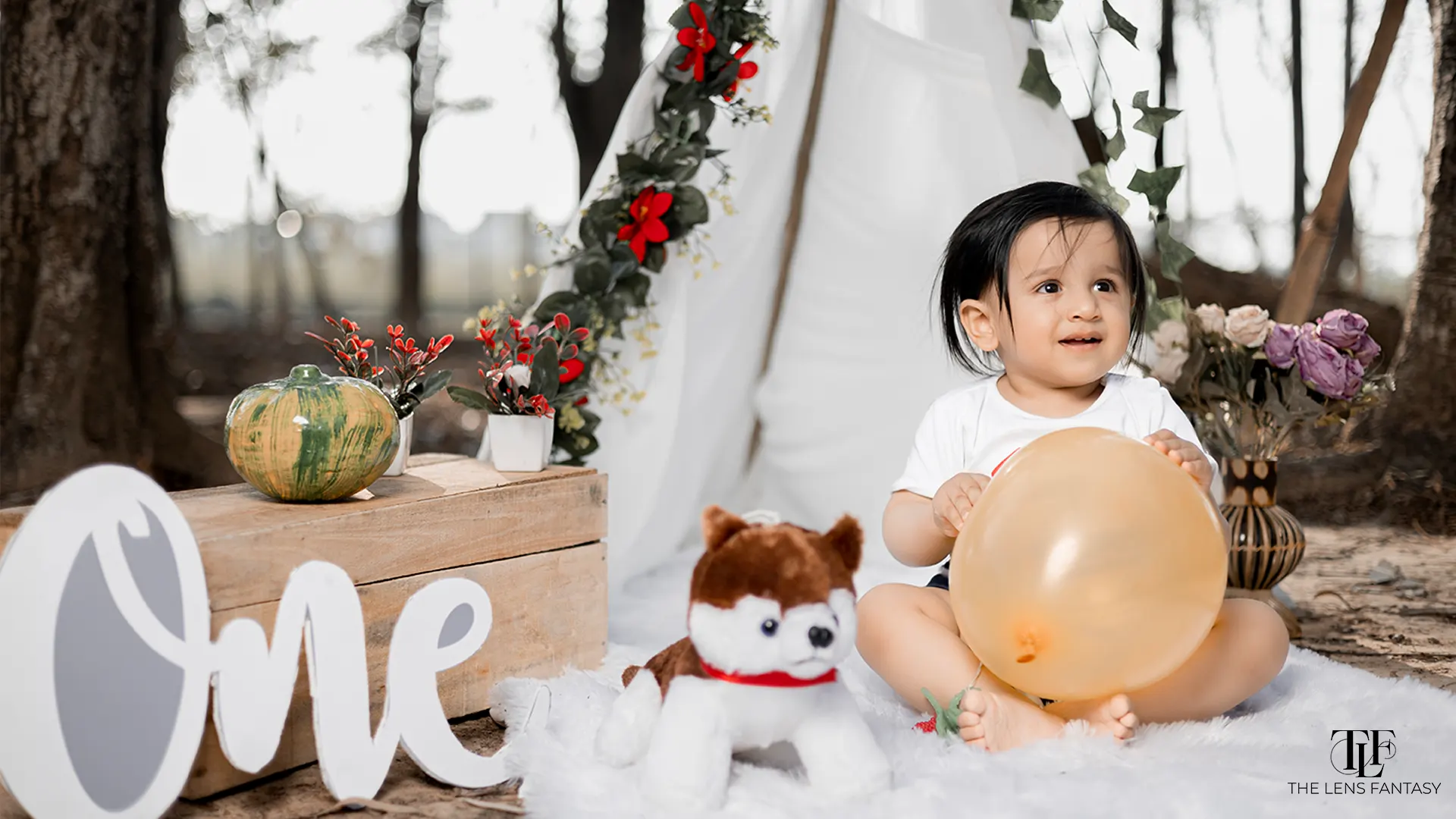 Adorable baby boy pre birthday shoot with pastel balloons by The Lens Fantasy Photography